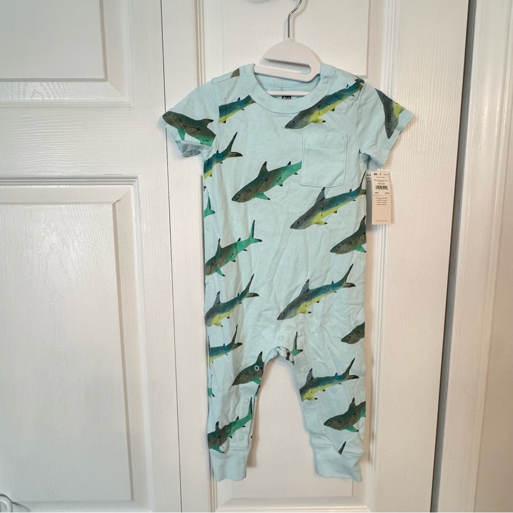 NWT Tea Collection Pocket Baby Romper, Coastal Sharks, 12-18 months